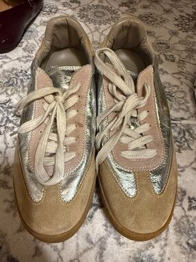 AllSaints Metallic Silver and Beige Suede Lace-Up Sneakers with Pink Accents